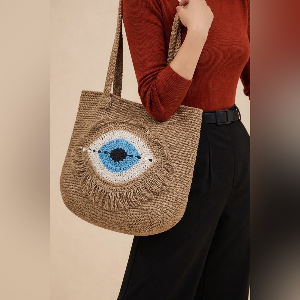 Beige-Brown Handmade Crochet Tote Bag with Evil Eye Design
